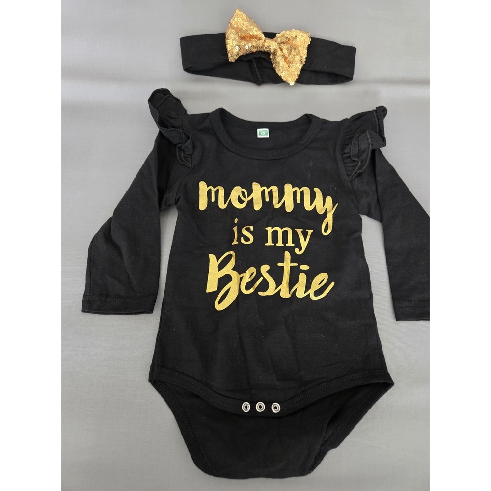 "Mommy is My Bestie" Black & Gold Bodysuit with Sequin Bow Headband 6–12M